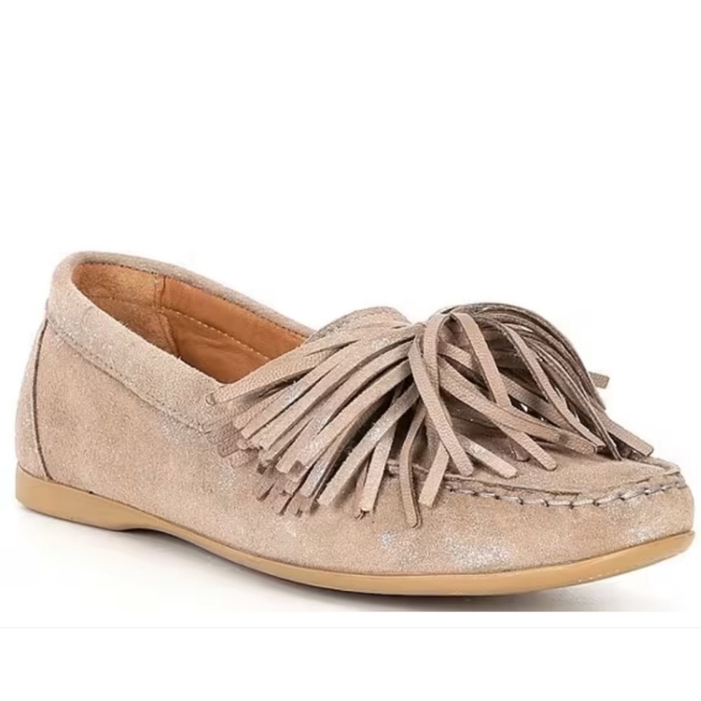 flag LTD Nicole suede fringe loafers flat metallic taupe size 6 leather memory